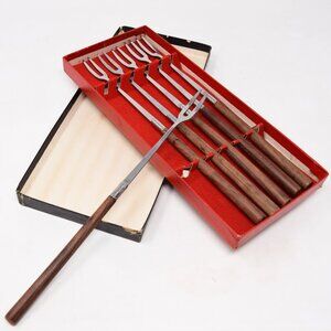Vintage Fondue Forks MCM Set of 6 Stainless and Wood Japan Box Minimalist Sleek